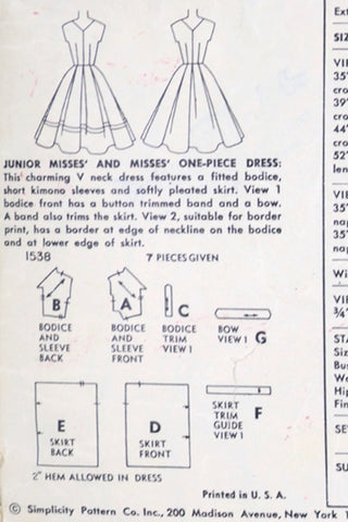 1950s Simplicity 1538 Vintage Dresses Sewing Pattern