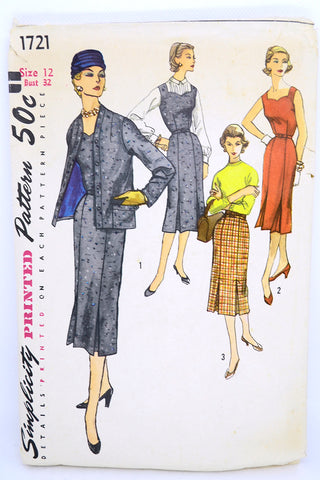 1956 Simplicity 1721 Vintage Sewing Pattern for Dress or Jumper & Skirt 50s