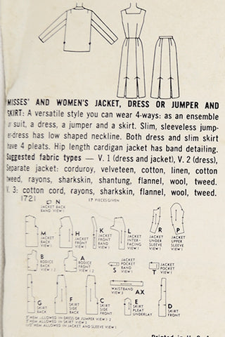 1956 Simplicity 1721 Vintage Sewing Pattern for Dress or Jumper & Skirt 1950s Dresses