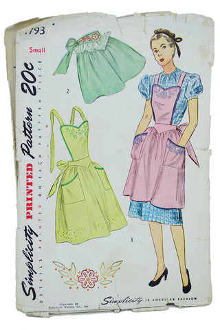 1946 Vintage Simplicity 1793 Sewing Pattern for Half & Full Aprons