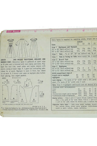 1950s Simplicity 1850 Negligee Pattern w Nightgown Robe & Hostess Coat