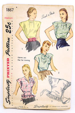 1946 Vintage Simplicity 1867 Blouses tops Sewing Pattern