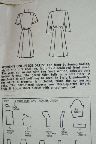 1940s Simplicity 2104 Vintage Dress Sewing Pattern 40B