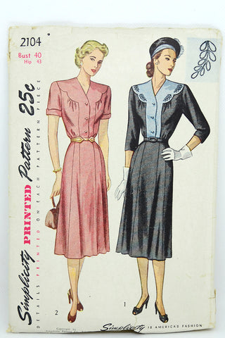 1940s Simplicity 2104 Vintage Dress Sewing Pattern Unique