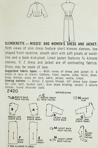 Vintage Simplicity 2420 Vintage 1958 Dress & Jacket Sewing Pattern