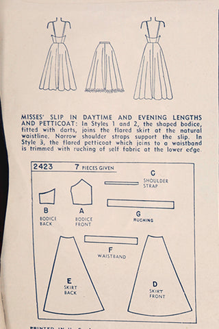 1948 Simplicity 2423 Vintage Long & Short Slip & Petticoat Pattern
