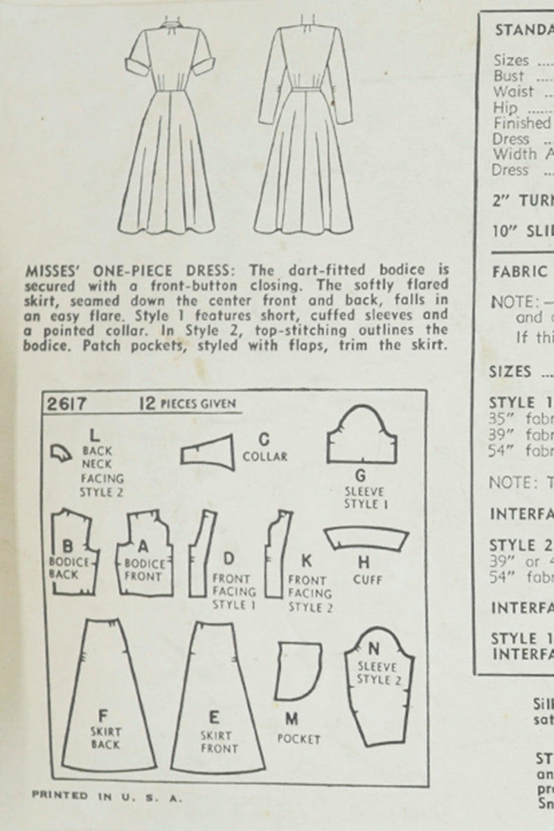 1940s Vintage Simplicity 2617 Sewing Pattern for Fitted Waist Dress Modig 1940s Vintage Simplicity 2617 Sewing Pattern for Fitted Waist Dress Modig
