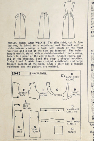 1949 Vintage Sewing Pattern Simplicity 2943 Skirt & Weskit 1940s