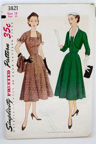 Simplicity 3821 Vintage 1950s Dress & Bolero Jacket Sewing Pattern