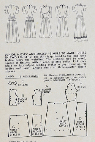 1943 Vintage Dress Sewing Pattern Simplicity 4490 Evening or Day