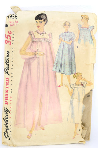 1954 Vintage Simplicity 4936 Nightgown Negligee Sewing Pattern