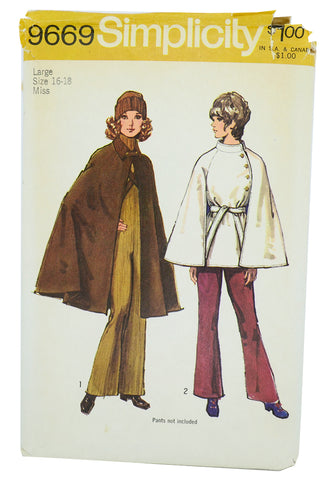 1971 Simplicity 9669 Sewing Pattern for 1970s Vintage Capes