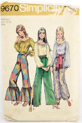 1971 Vintage Simplicity 9670 Peasant Blouse and harem bell bottom Pants Pattern