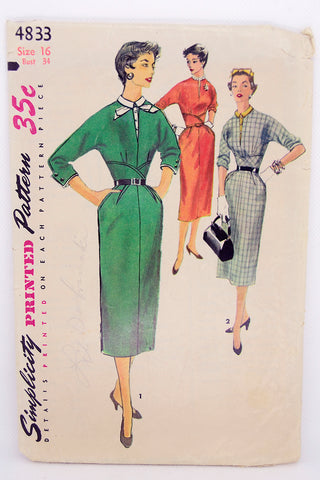 1954 Simplicity 4833 Vintage Sewing Pattern for Dress W Removable Dickey 50s