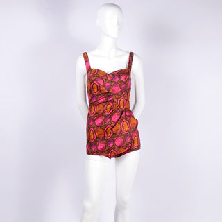 1960s Skylar Pink & Brown Abstract One Piece Swimsuit