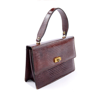 1960s Reptile Embossed Brown Leather Structured Handbag