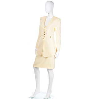 Sonia Rykiel Cream Wool Skirt & Long Line Blazer Jacket Suit with gold buttons