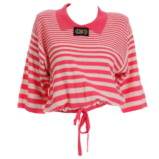 1980s Sonia Rykiel Paris Striped Pink Wool Pullover Sweater Top w Drawstring