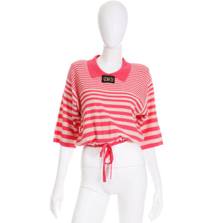 1980s Sonia Rykiel Striped Pink Wool Pullover Sweater Top w Drawstring with emblem