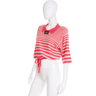 1980s Sonia Rykiel Striped Pink Wool Pullover Sweater Top w Drawstring Knitwear
