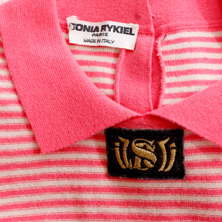 1980s Sonia Rykiel Striped Pink Wool Pullover Sweater Top w Drawstring Italy