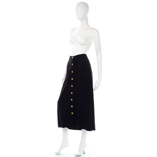 1980s Sonia Rykiel Black Midi Skirt w/ Gold Buttons