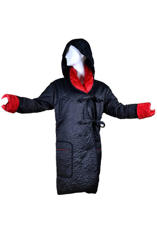 Quilted long reversible black and red coat with hood