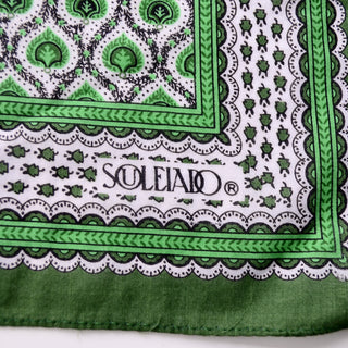 Vintage Souleiado Green Cotton Square Scarf w/ Botanical Spade Design