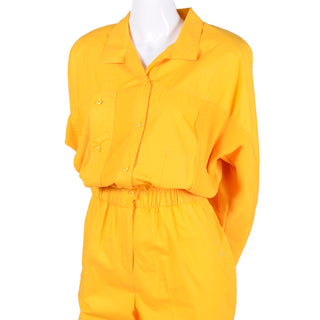 1980s Saint Germain Paris Vintage Yellow Gold Cotton Jumpsuit W Rib Knit