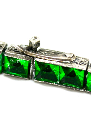 1920s Art Deco Wachenheimer Bros Diamonbar Emerald Green Sterling Silver Bracelet