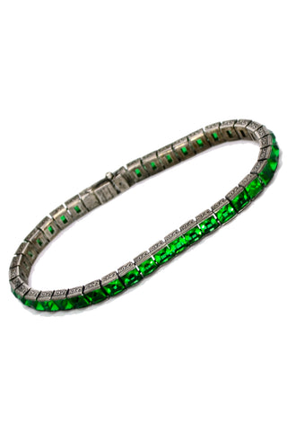 1920s Art Deco Wachenheimer Bros Diamonbar Faceted Green Sterling Silver Bracelet