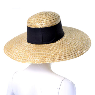 Vintage Hat Wide Brim Straw Black Ribbon Fine