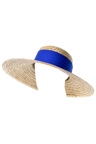 1970s or 1980s Vintage Straw Hat Blue Ribbon
