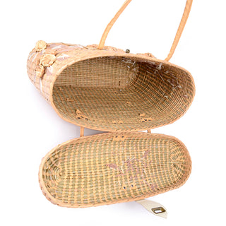 1960s Straw Picnic Basket Handbag w/ Straw Flowers & Embroidered Leaves