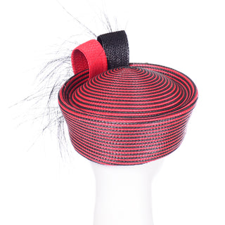 Vintage Sylvia Red and Black Feather Flower Statement Hat Woven Straw