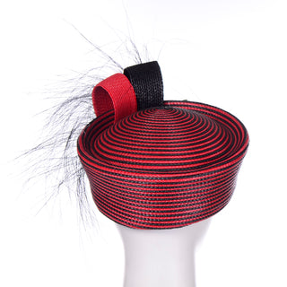 Vintage Sylvia Red and Black Stripe Straw Feather Flower Statement Hat