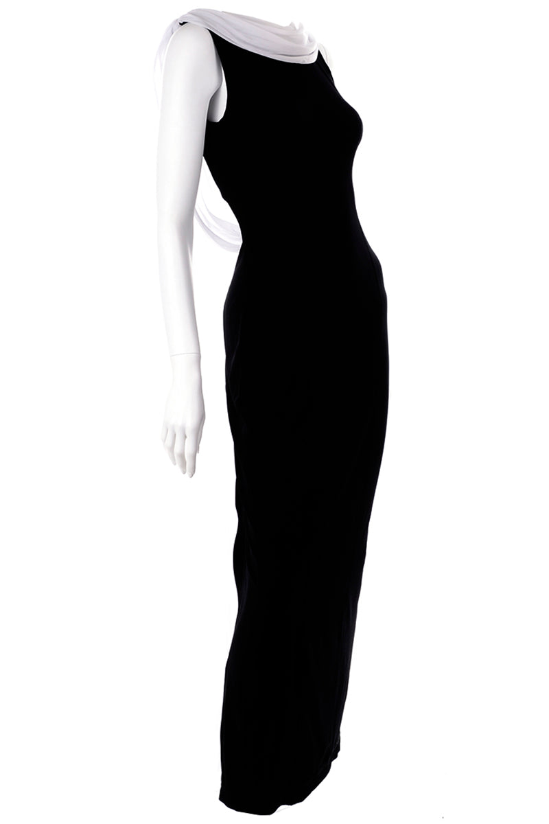 1990s Tadashi Shoji Vintage Black Dress W White Chiffon Drape Low Back ...