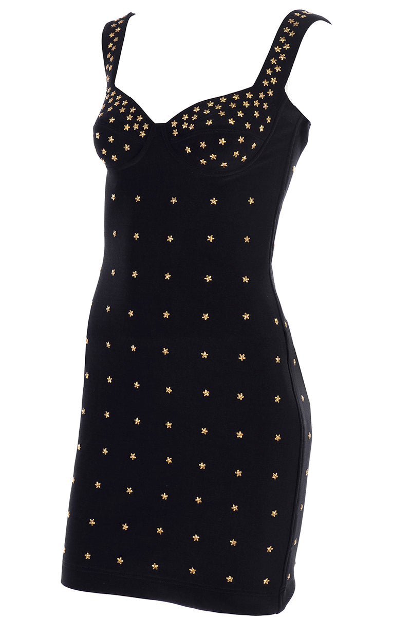Black Tadashi Shoji Bodycon Vintage Dress w Gold Star Studs Modig Black Tadashi Shoji Bodycon Vintage Dress w Gold Star Studs Modig