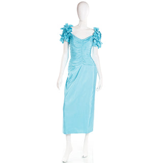 1980s Tadashi Blue Satin Evening Dress w Multi Bows Statement Sleeves