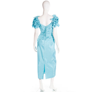 1980s Tadashi Blue Satin Evening Dress w Multi Bow Statement Sleeves & Ruching
