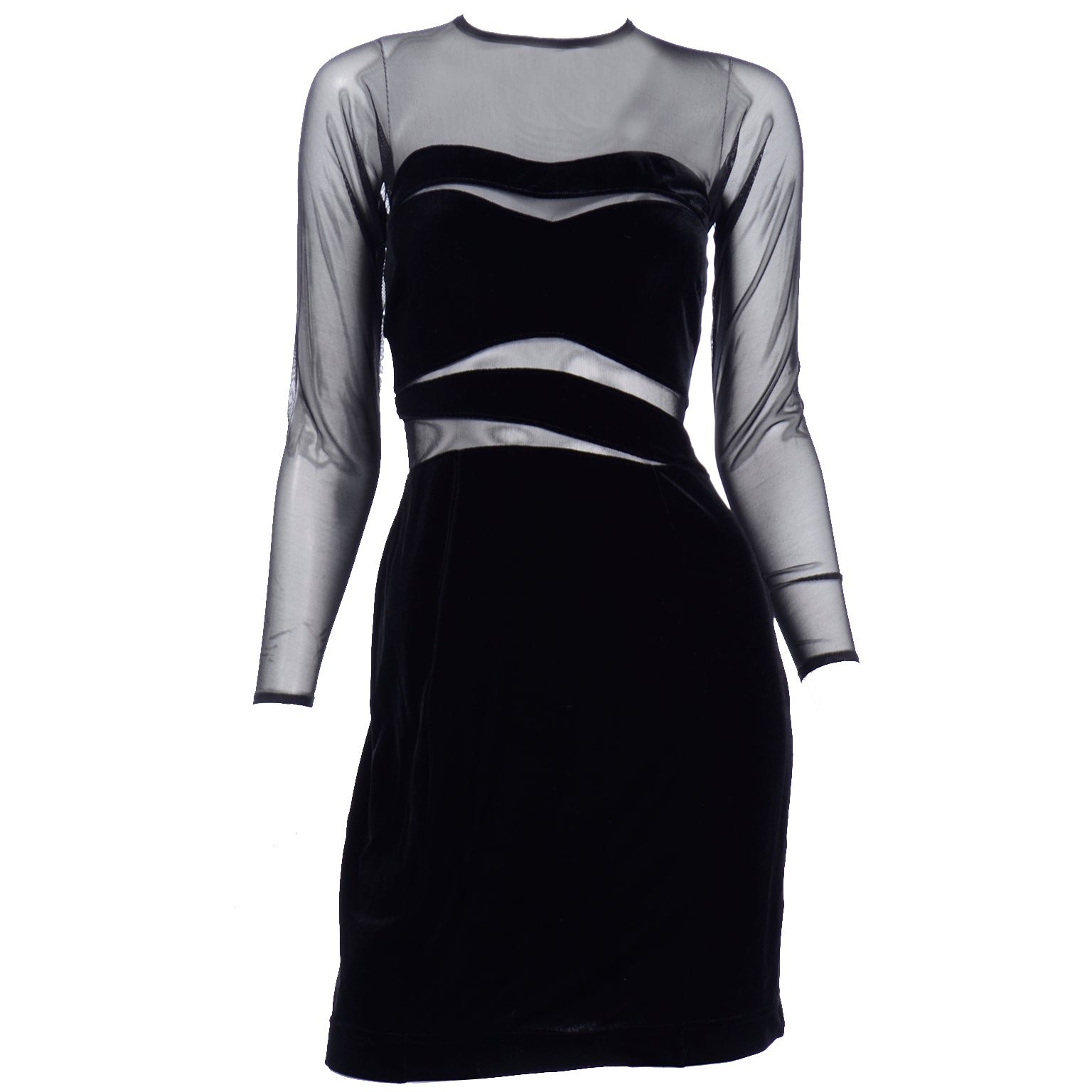 1990s Tadashi Shoji Vintage Black Bodycon Dress With Sheer Mesh Modig 1990s Tadashi Shoji Vintage Black Bodycon Dress With Sheer Mesh Modig