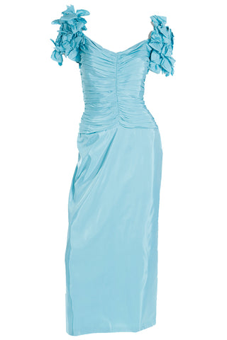 1980s Tadashi Blue Satin Evening Dress w Multi Bow Statement Sleeves
