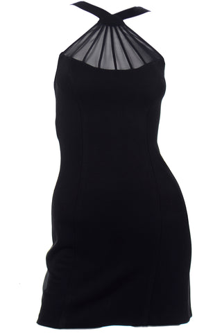 1990s Tadashi Vintage Black Bodycon Sheer Mesh Halter Dress
