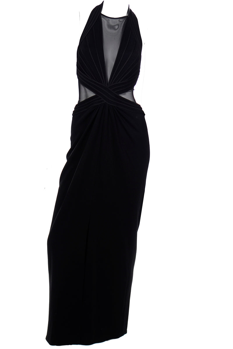 Vintage Tadashi Long Black Evening Dress w Sheer Mesh Panels & Slit Modig Vintage Tadashi Long Black Evening Dress w Sheer Mesh Panels & Slit Modig