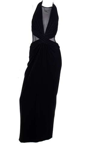 1990s Tadashi Long Black Evening Dress w Sheer Mesh Panels