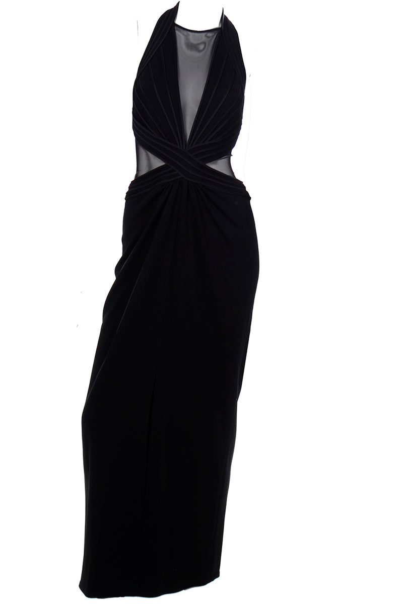 Vintage Tadashi Long Black Evening Dress w Sheer Mesh Panels & Slit – Modig