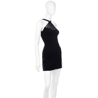 1990s Tadashi Vintage Black Bodycon Sheer Mesh Halter Neck Dress