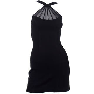 1990s Tadashi Vintage Black Bodycon Sheer Mesh Halter Dress w/ plunging low open back