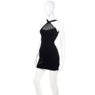 1990s Tadashi Vintage Black Bodycon Sheer Mesh Halter Dress w open back