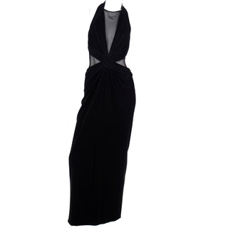 1990s Tadashi Long Black Evening Dress Gown w Sheer Mesh Panels